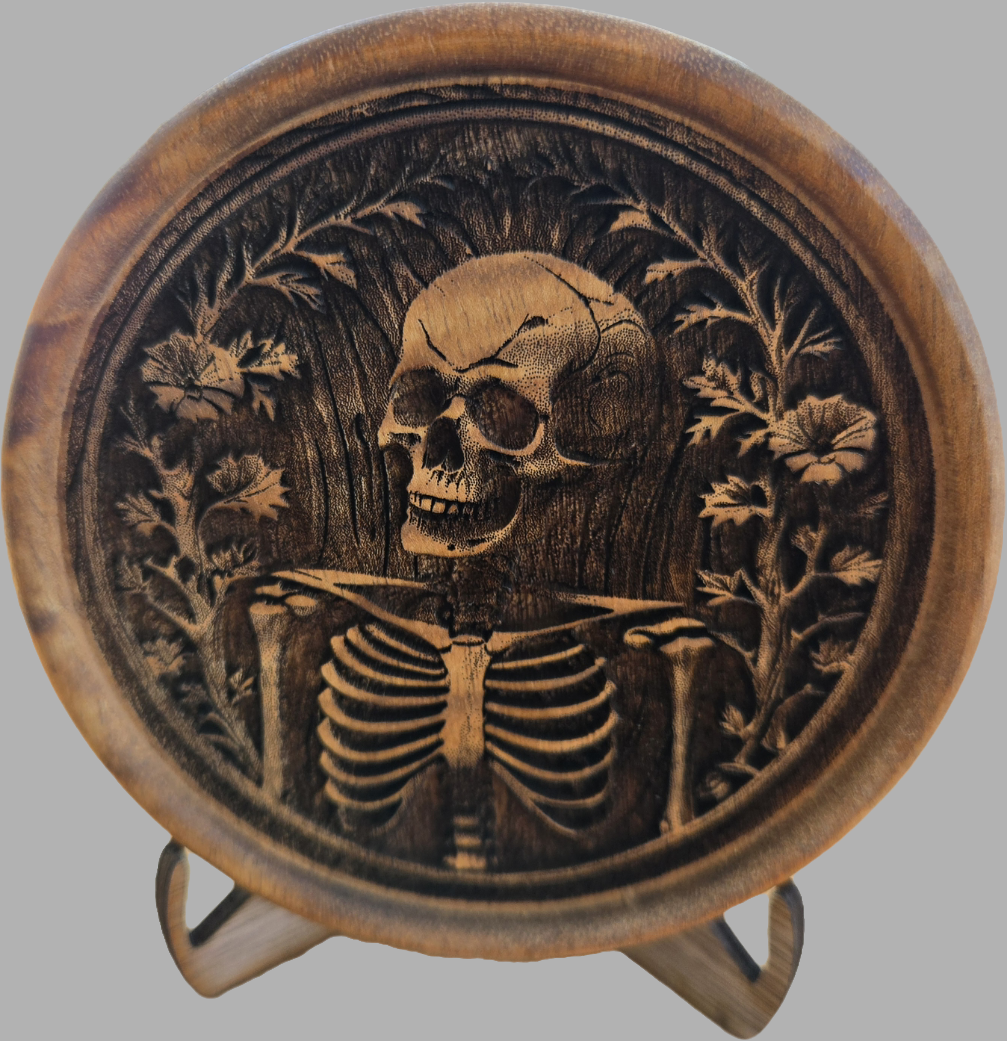 Laser Engraved Wooden Skeleton Art – Gothic Halloween Decor | Rustic Skull & Floral Design