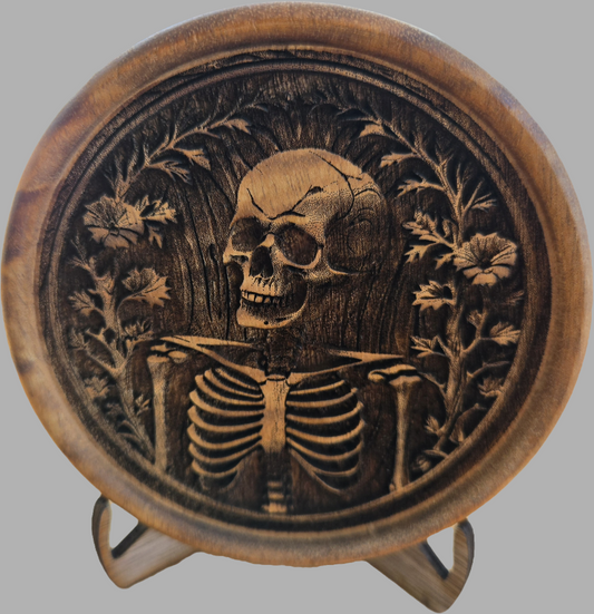 Laser Engraved Wooden Skeleton Art – Gothic Halloween Decor | Rustic Skull & Floral Design